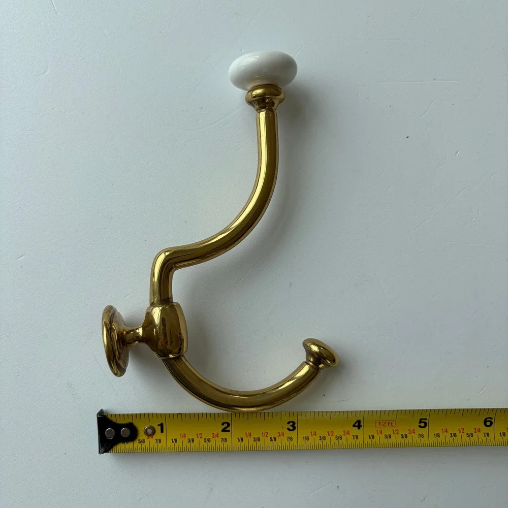 Vintage Brass Double Wall Hook with White Porcelain Ceramic Finial Finial 5.5in